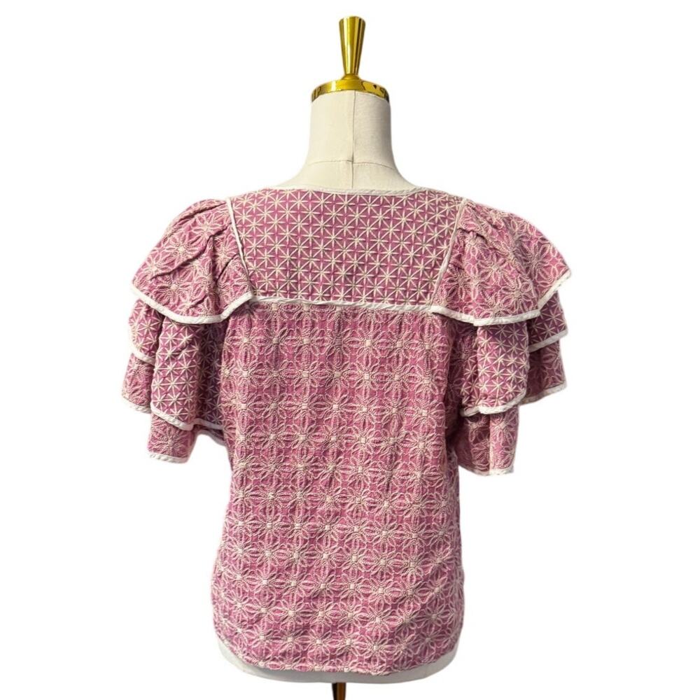 Marie Oliver Dusty Rose Embroidered Cotton Blouse Ruffle Sleeve Boho Medium - Picture 4 of 7